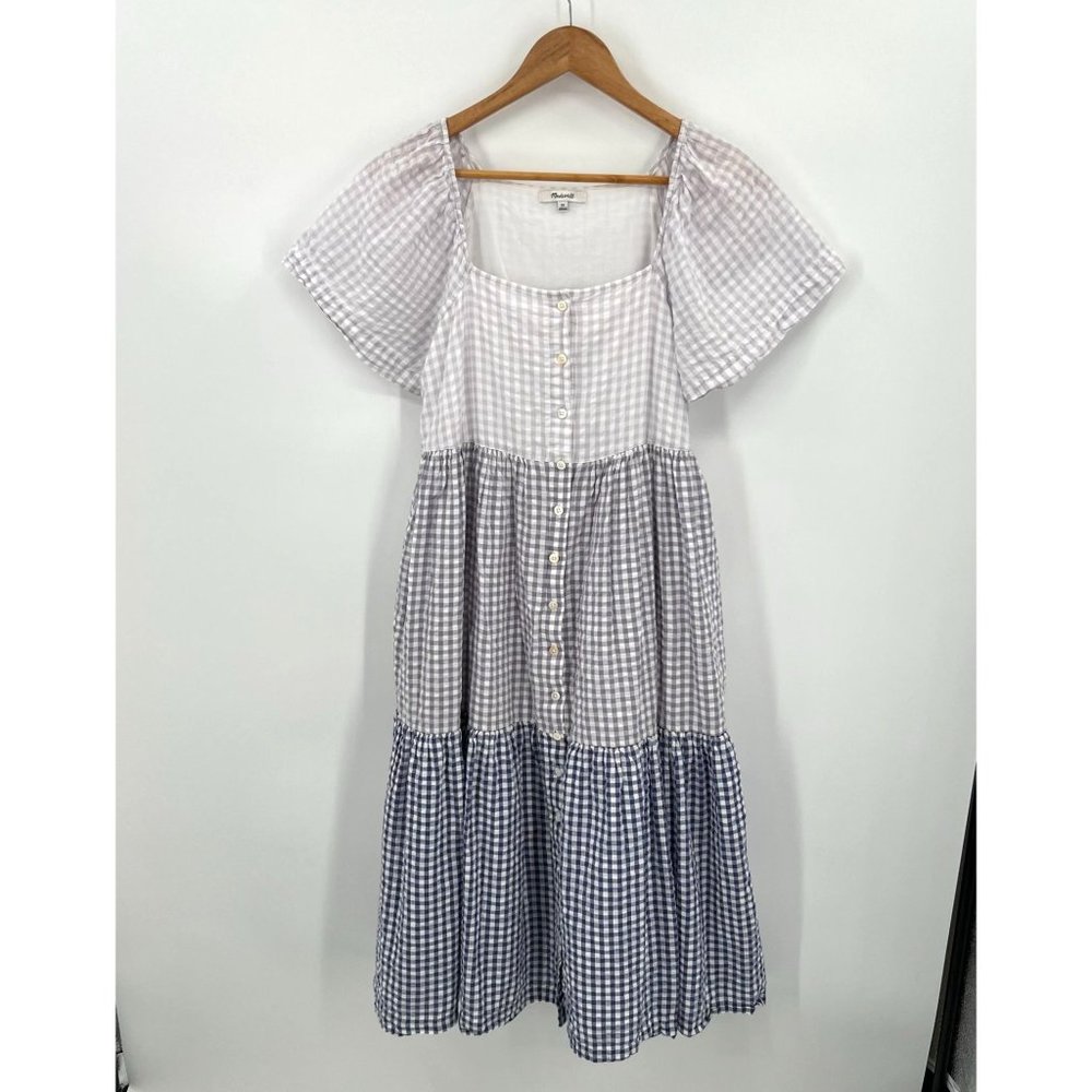 Madewell Patchwork Gingham Button Front Tiered Midi Dress Size Extra Small XS